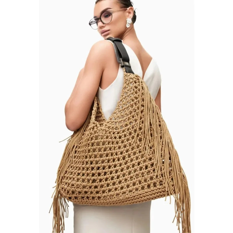 Designer Luxury Tote Bag Women 2025 New Large Capacity Bohemian Style Beach Bag Handmade Woven Hollow Out Tassel Shoulder Bag
