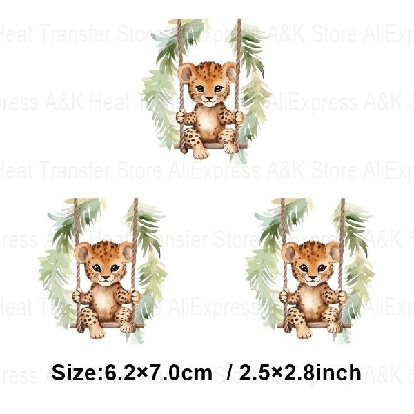 Baby Animal On Swings Heat Transfers For Kids Clothing Elephant Tigers Lion Stickers On Clothes Diy Thermal Patches Decals