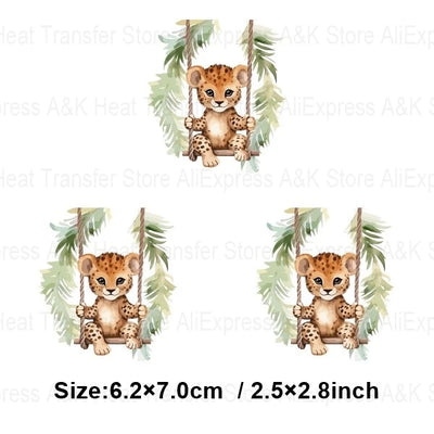 Baby Animal On Swings Heat Transfers For Kids Clothing Elephant Tigers Lion Stickers On Clothes Diy Thermal Patches Decals