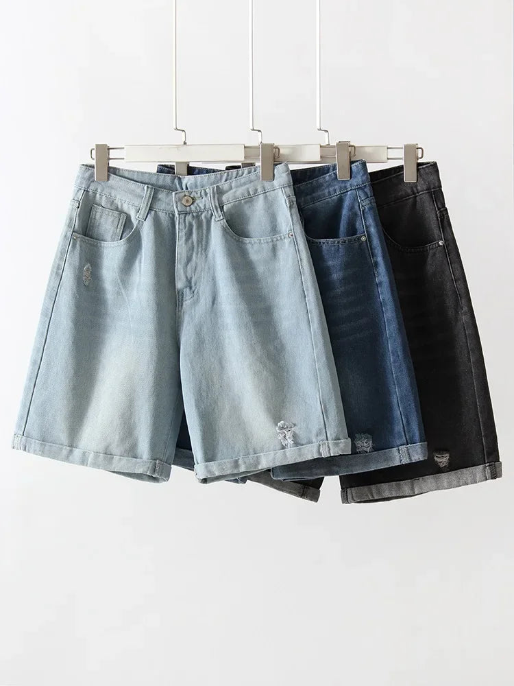 Women Denim Shorts Ripped Wide Leg Black High Waist Short Jeans Straight Leg Blue Denim Shorts For Women Summer Jean Shorts