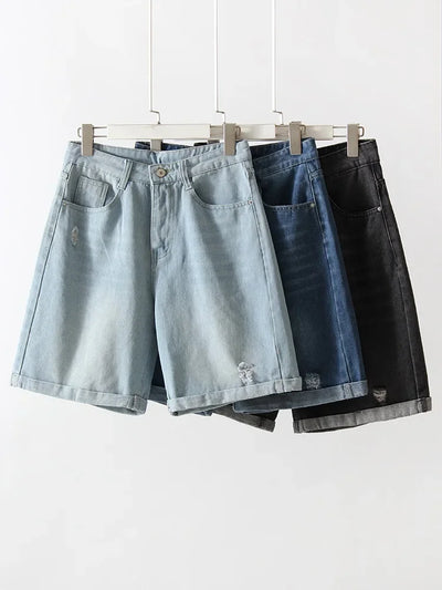 Women Denim Shorts Ripped Wide Leg Black High Waist Short Jeans Straight Leg Blue Denim Shorts For Women Summer Jean Shorts