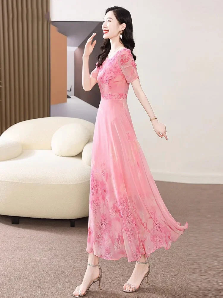 Women's Summer Dress 2025 New Fashion Printed Pink Chiffon Dress O-neck Short Sleeved Long Party Dresses Elegant Women Vestidos