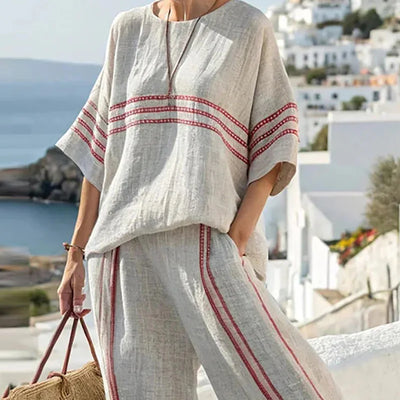Women Summer Loungewear Suits Printing Loose Wide Leg Pants 2PCS Matching Set Half Sleeve O-Neck Pullover Top Outfit Streetwear