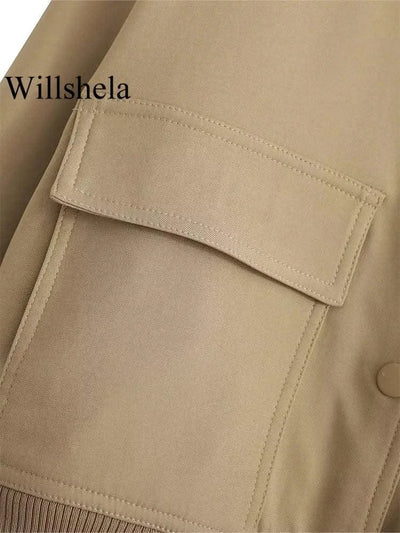 Women Fashion Solid Bomber Jackets Coat With Pockets V-Neck Single Breasted