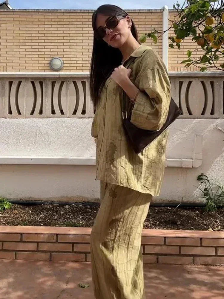 Women's Jacquard Oversized Shirt Trousers Short Sleeves Suit Lapel Shirt High Waist Elastic Straight Leg Pants Chic Female Set