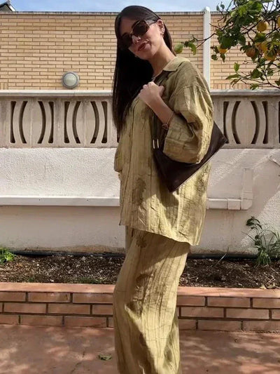Women's Jacquard Oversized Shirt Trousers Short Sleeves Suit Lapel Shirt High Waist Elastic Straight Leg Pants Chic Female Set