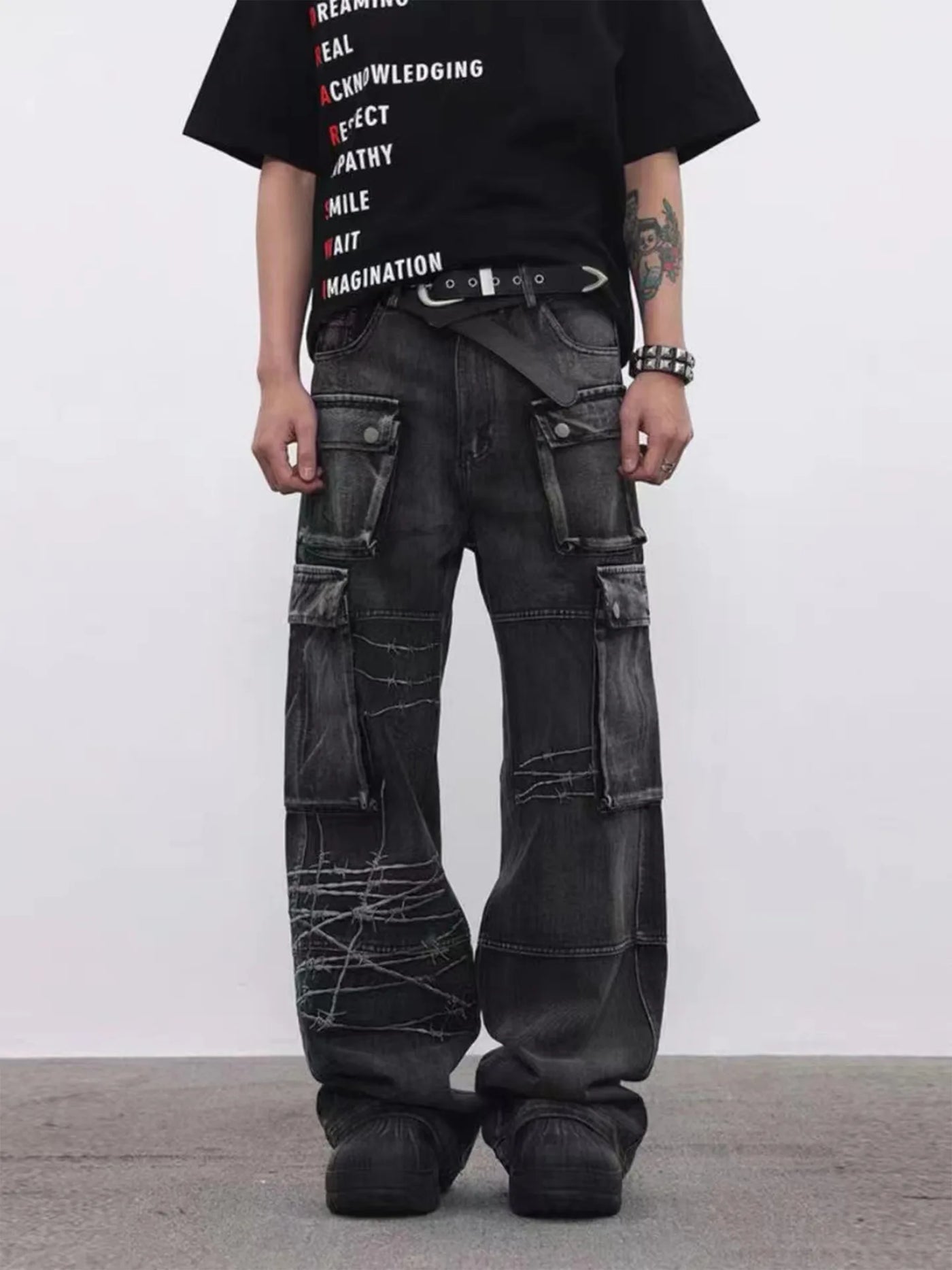 Trendy Brand American Retro Tooling Jeans Mens High Street Heavy Industry Embroidery Loose Wide-leg Trousers