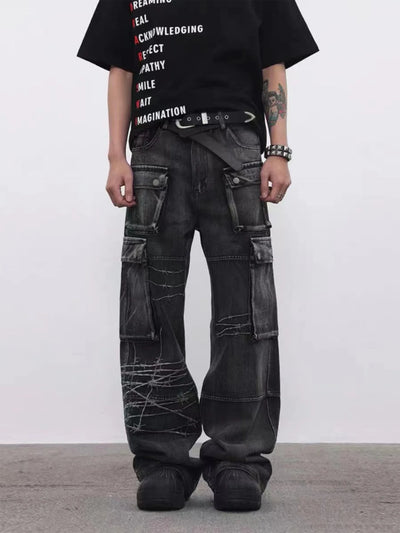 Trendy Brand American Retro Tooling Jeans Mens High Street Heavy Industry Embroidery Loose Wide-leg Trousers