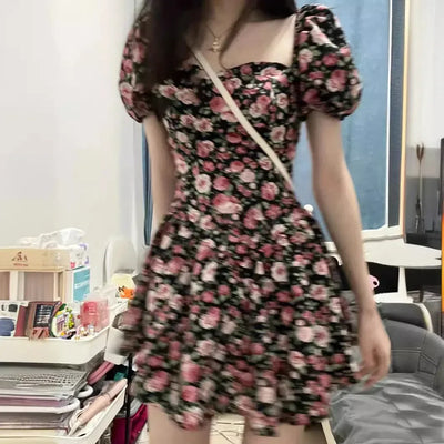 2025 New Short Mini Skirt French Style Bubble Sleeve Floral Dress Sexy Tea Break Small Stature Women Summer Dresses - Elanique