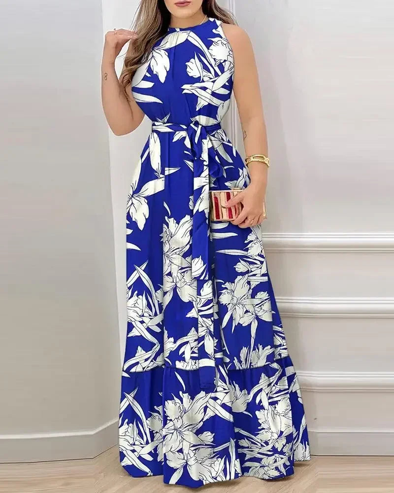 2025 Women's Elegant Floral Print Long Dresses Spring Summer Lace up Print Strap Dress Holiday Beach Female Robe Vesido Mujer