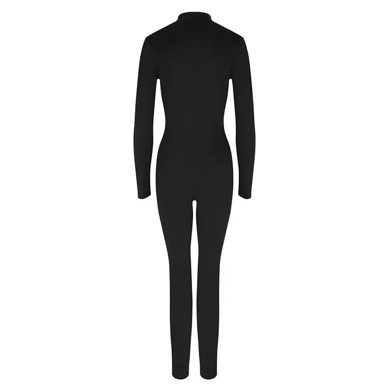 Women New Jumpsuits Spring Fashion Streetwear Long Sleeves Half High Collar Zippers Bodycon Rompers Black Sexy Female Jumpsuits