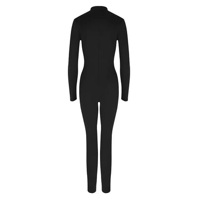 Women New Jumpsuits Spring Fashion Streetwear Long Sleeves Half High Collar Zippers Bodycon Rompers Black Sexy Female Jumpsuits
