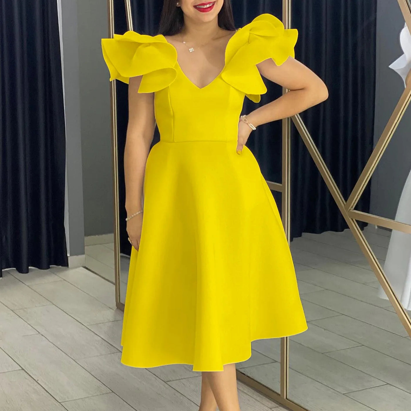 Elegant Party Dresses for Women V Neck Ruffles Sleeve High Waisted A Line Mid Calf Luxury Birthday Dinner Vestidos Mujer Dress