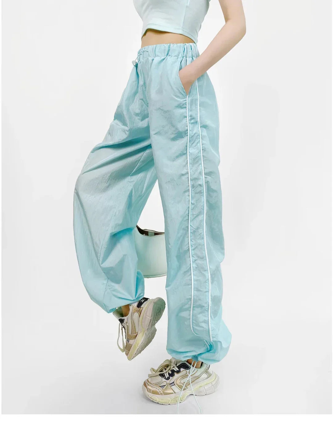 Women's Wide-Leg Joggers Adjustable Ankle Cuffs Side Stripes Drawstring Waist Lightweight Streetwear