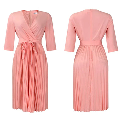 Elegant Office Dresses for Women Professional V Neck Full Sleeve Sashes Pleated Mid Calf Formal Business Work Wear Dress Midi OL