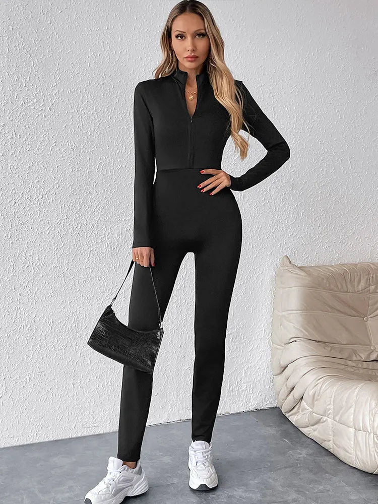 Women New Jumpsuits Spring Fashion Streetwear Long Sleeves Half High Collar Zippers Bodycon Rompers Black Sexy Female Jumpsuits
