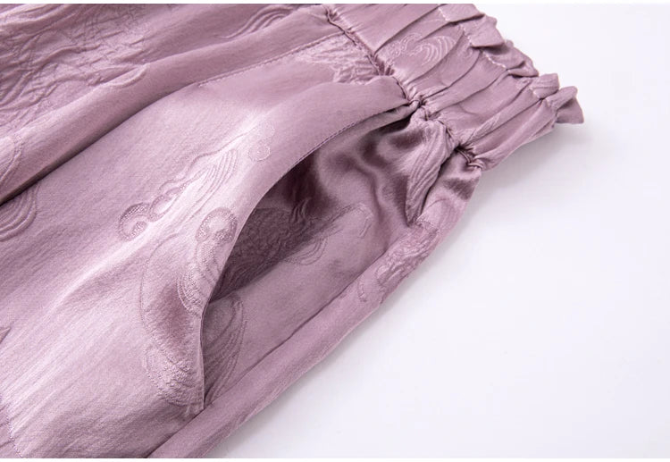 2025 Women's Fashion Spring New 100% Natural Mulberry Silk GuanLe Satin Fragrant Taro Purple High Waist Casual Wide Leg Pants