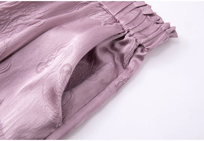 2025 Women's Fashion Spring New 100% Natural Mulberry Silk GuanLe Satin Fragrant Taro Purple High Waist Casual Wide Leg Pants