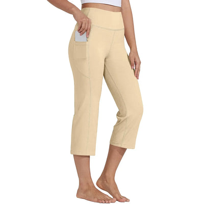 Women  Elastic High Waist 3/4 Pant Casual Active  Fit Wide Capris Leg Pants Trousers With Pockets Pants Woman брюки женские