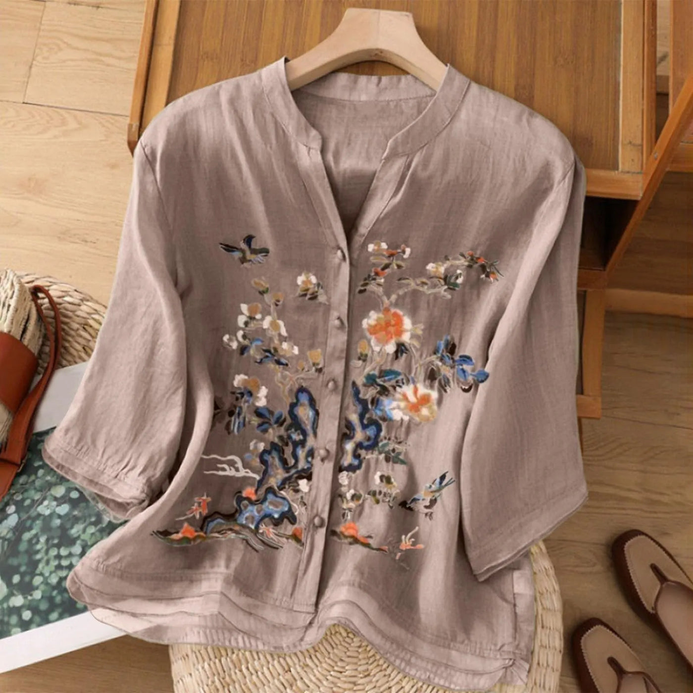 3/4 Sleeve Cotton Linen Shirts For Women 2025 Summer Boho Retro Embroidered Tops Dressy Casual Trendy Vacation Blouse Y2K Tops