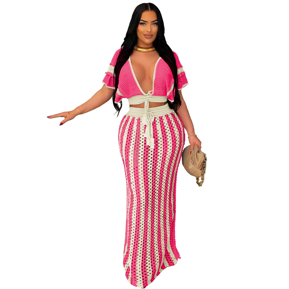 Summer 2 Pieces Women Vacation Outfits Striped Knitted Dress Sets Hollow Out Long Skirts and Short Sleeve V-Neck Crop Tops Set