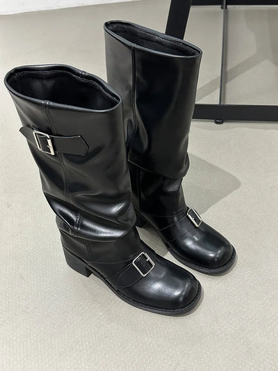 Woman Boots Knee High Platform Chunky Heels Trend Punk Gothic New Rock Leather Fashion Women's Shoes Motorcycle Footwear