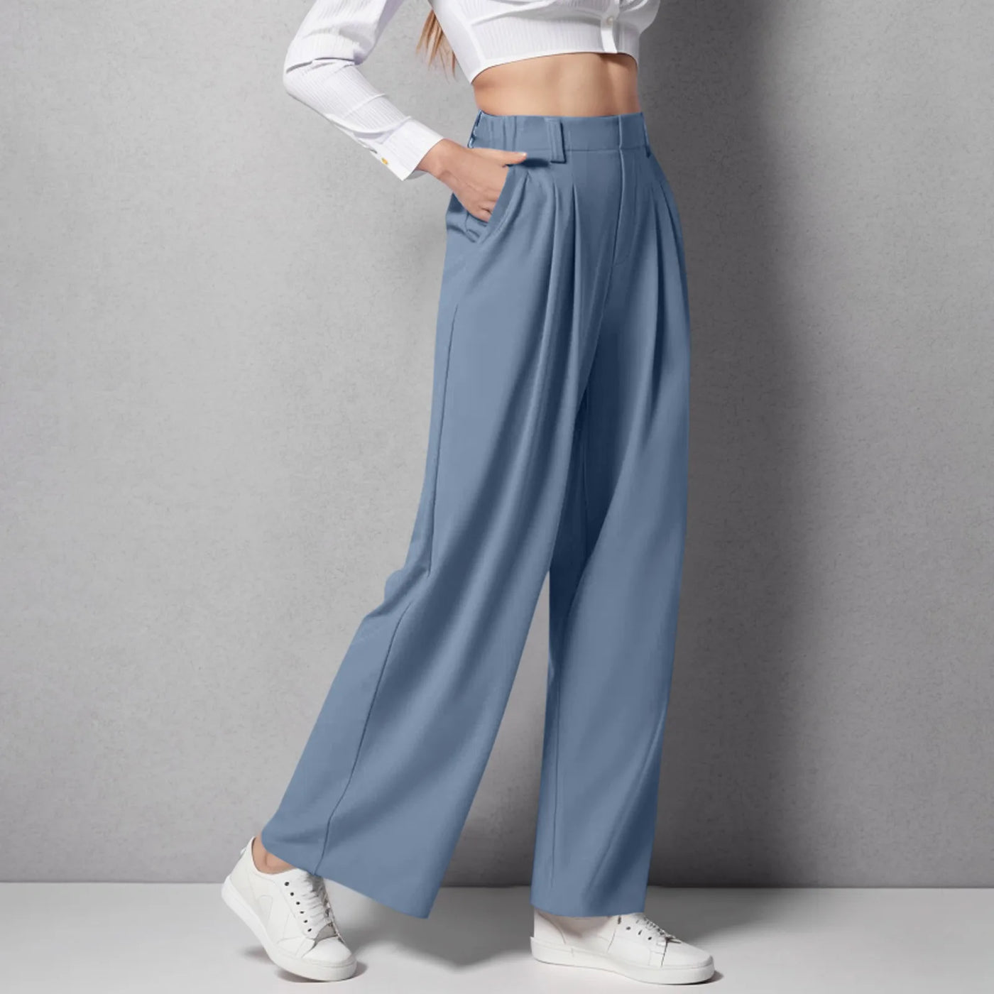 Wide Leg Pants Elastic High Waist Casual And Versatile Suit Pants For Female Simple Fashion Nine Length Trousers With Pockets