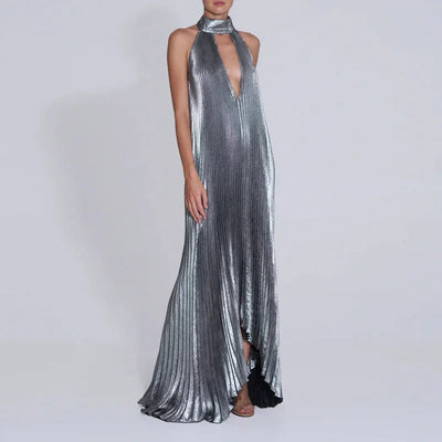 Women Sexy Dresses 2025 Spring Halter Tie-up Backless Hollow Evening Dresses New Summer Solid Loose Pleated Irregular Long Dress