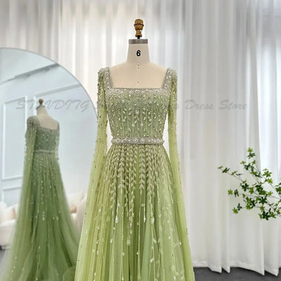 Luxury Evening Dresses Women High Quality Floor Length Sweep Train Long Sleeves Prom Party Square Collar Banquet Gowns Classic