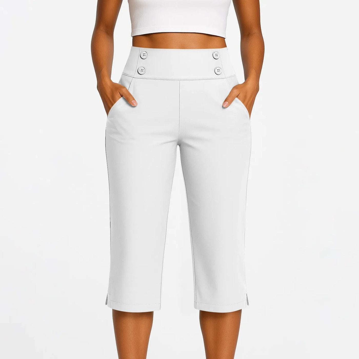 Women Elastic High Waist 3/4 Pant Casual Active Fit Wide Capris Leg Pants Trousers With Pockets Pants Woman брюки женские