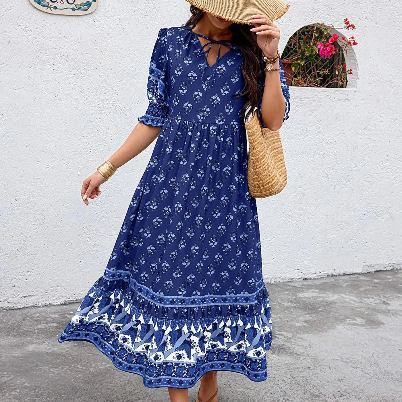 dresses for women Fashion summer Casual long dresses Bohemian V-Neck Printed High Waisted Big Swing Dress vestidos cortos