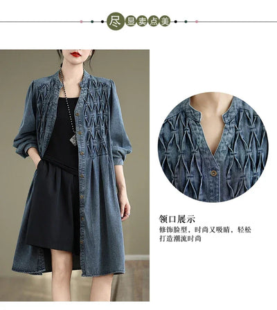 Denim Oversized Autumn Winter Long Sleeve Coat Women Ruffle Fashion Loose Pleated Ladies Jackets Retro Woman Jackets Coats