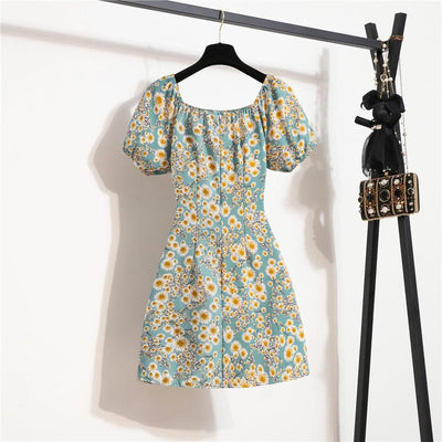 Women Mini Printed Floral Chiffon Shirring Pleated Short Puffy Sleeve Casual Dresses Summer Fashion