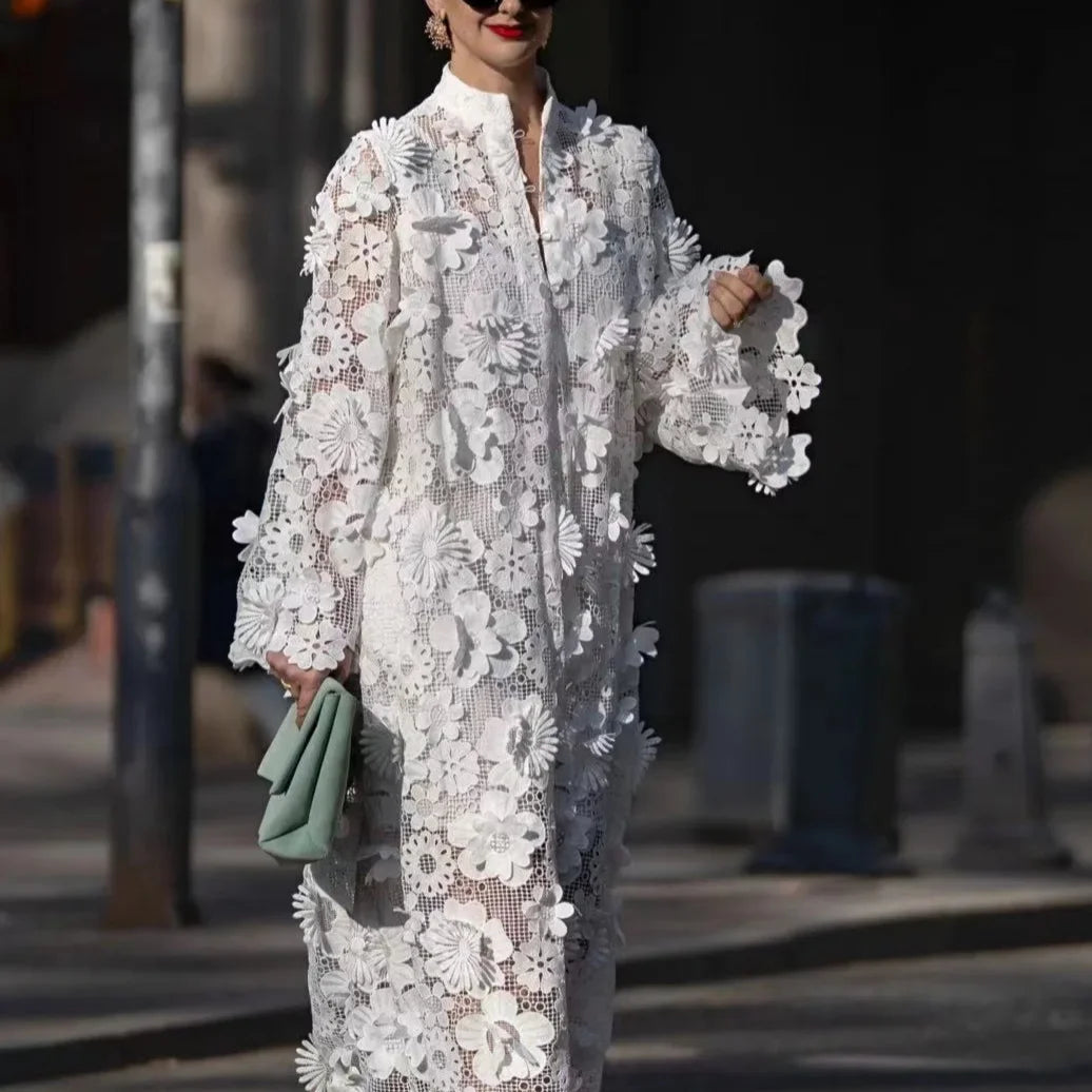 Women's Dress Handmade 3D Embroidered Hollow Design Dress Pure White Dress Elegant Evening Dress Commuter Dress