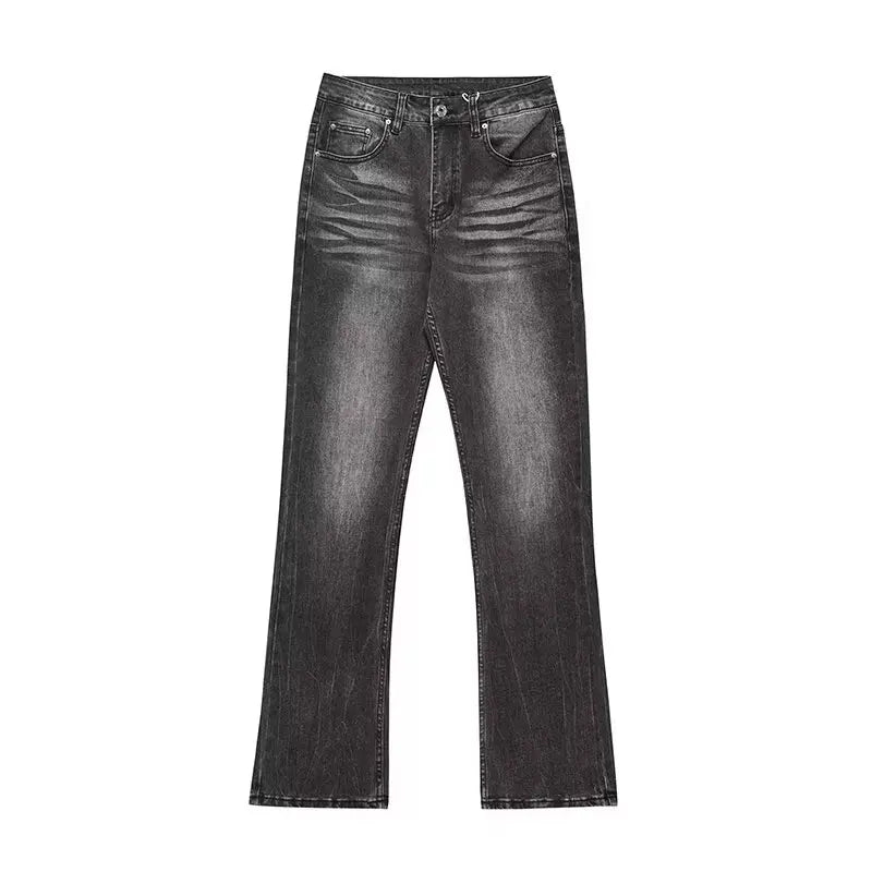 American high street washed black jeans for men stylish and straight cut slim fit elastic micro flared pants