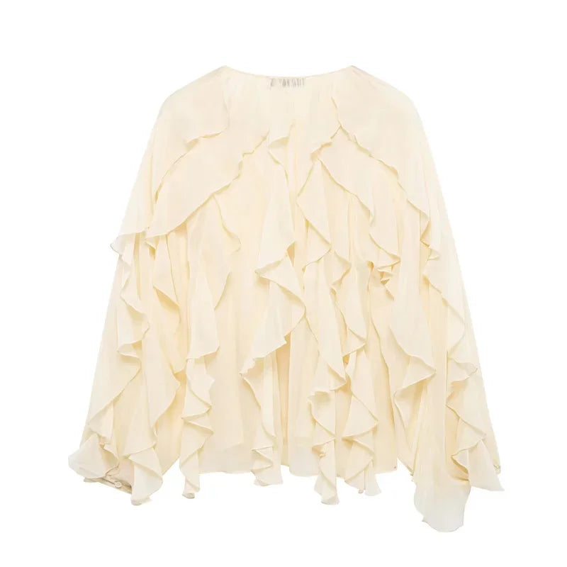 Ruffles Elegant Shirts & Blouses for Women 2025 Long Sleeve Semi-Transparent Tops For Women Spring Shirt And Blouse Top