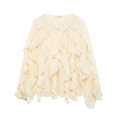 Ruffles Elegant Shirts & Blouses for Women 2025 Long Sleeve Semi-Transparent Tops For Women Spring Shirt And Blouse Top