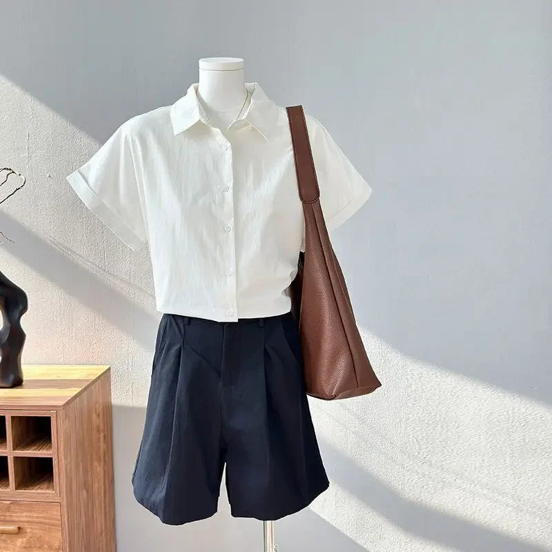 Women Clothing Summer Fashion Casual Button Solid Color Polo Collar Female Simplicity Temperament Appear Thin Short Sleeve Tops