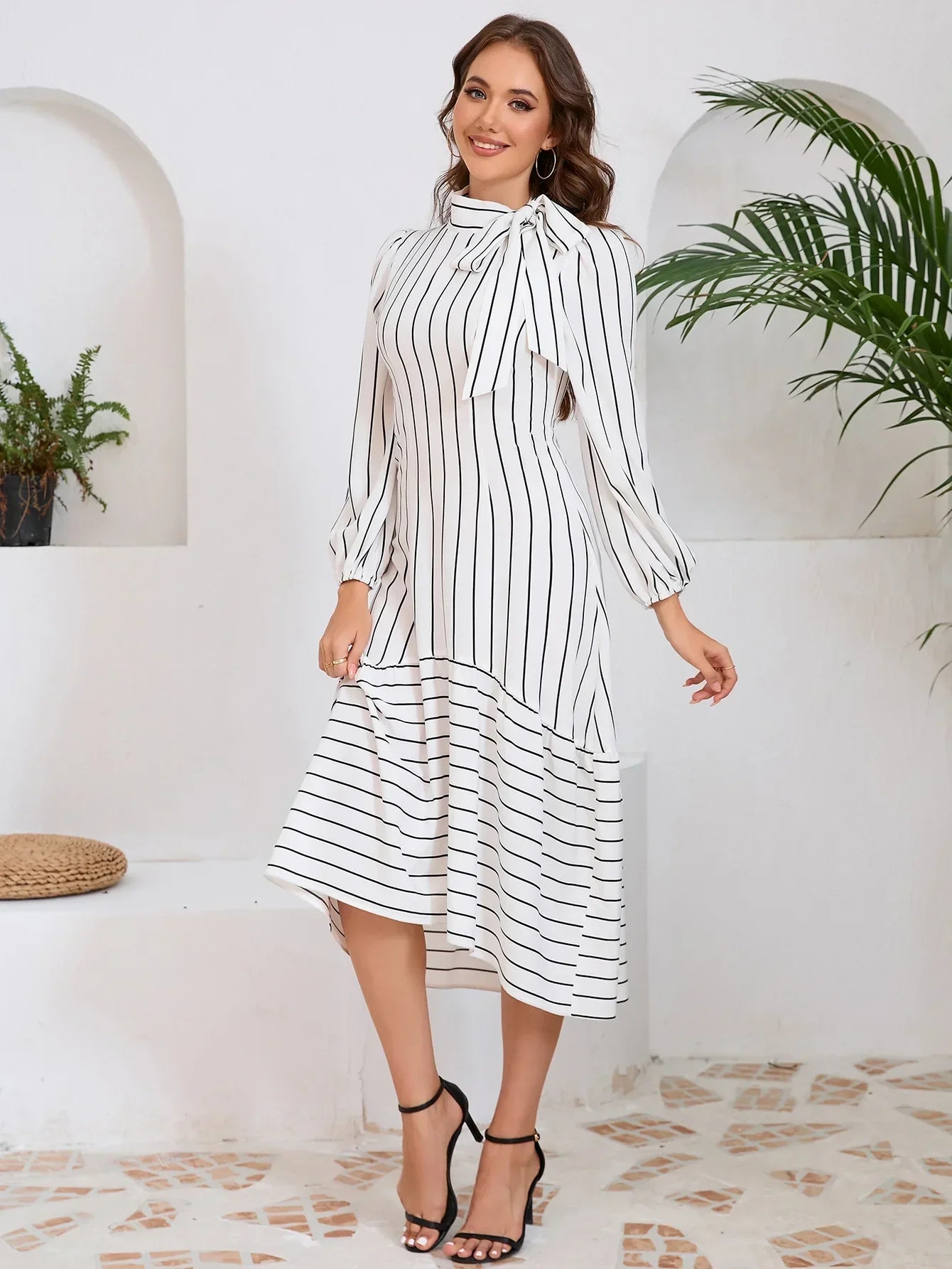 Women's Dresses Formal Fashion Office Lady Professional High-end Stand-up Collar Thin Striped Party Dress Vestidos De Mujer