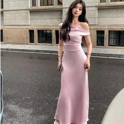 Satin Sexy Off Shoulder Dress Women Pink Skinny Elegant Soft Dress Classic Fashion Party Evening Gown Sleeveless Lady Vestidos