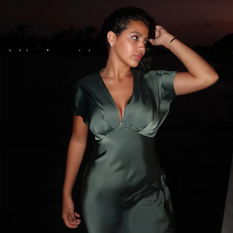 Women's Summer Dress 2025 New Elegant Fashion Slim V-neck Stain Long Dress Women Chic Comfortable Casual Dresses