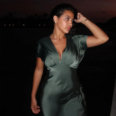 Women's Summer Dress 2025 New Elegant Fashion Slim V-neck Stain Long Dress Women Chic Comfortable Casual Dresses