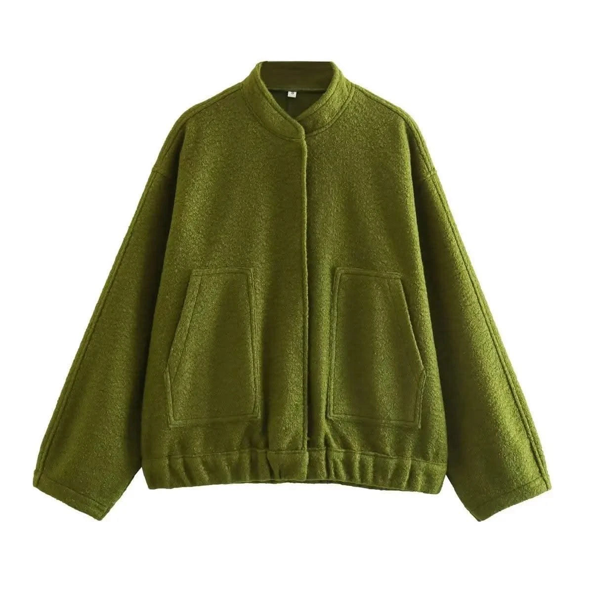 Woman's Oversized Bomber Jacket Autumn New Round Neck Long Sleeve Pocket Hidden Button Loose Jackets Coat Female Outerwear