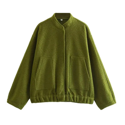 Woman's Oversized Bomber Jacket Autumn New Round Neck Long Sleeve Pocket Hidden Button Loose Jackets Coat Female Outerwear