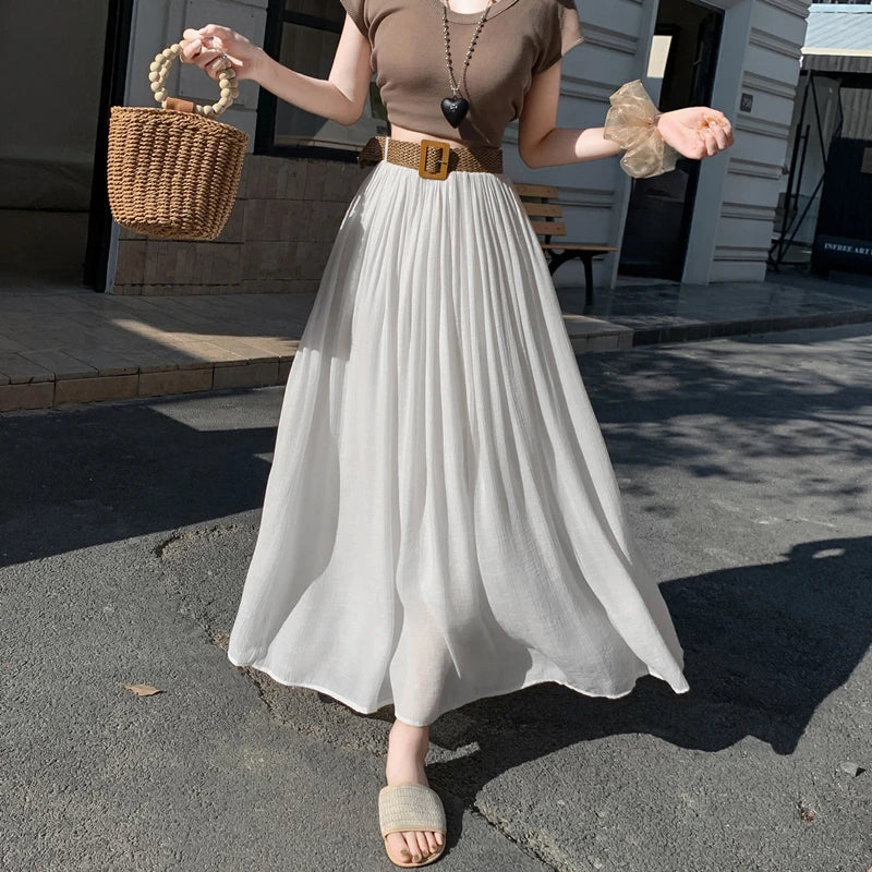 2025 New High Waisted Cotton Linen Pleated Midi Skirt – Summer Flowy A-Line Maxi Skirt for Women, Breathable & Elegant