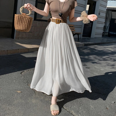 2025 New High Waisted Cotton Linen Pleated Midi Skirt – Summer Flowy A-Line Maxi Skirt for Women, Breathable & Elegant