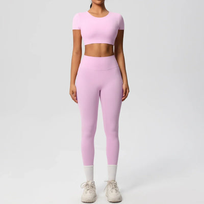 Yoga Set 2 Pieces Women Tracksuits Workout Sportswear Gym Clothing Fitness Short Sleeve With Padded High Waist Leggings Suits