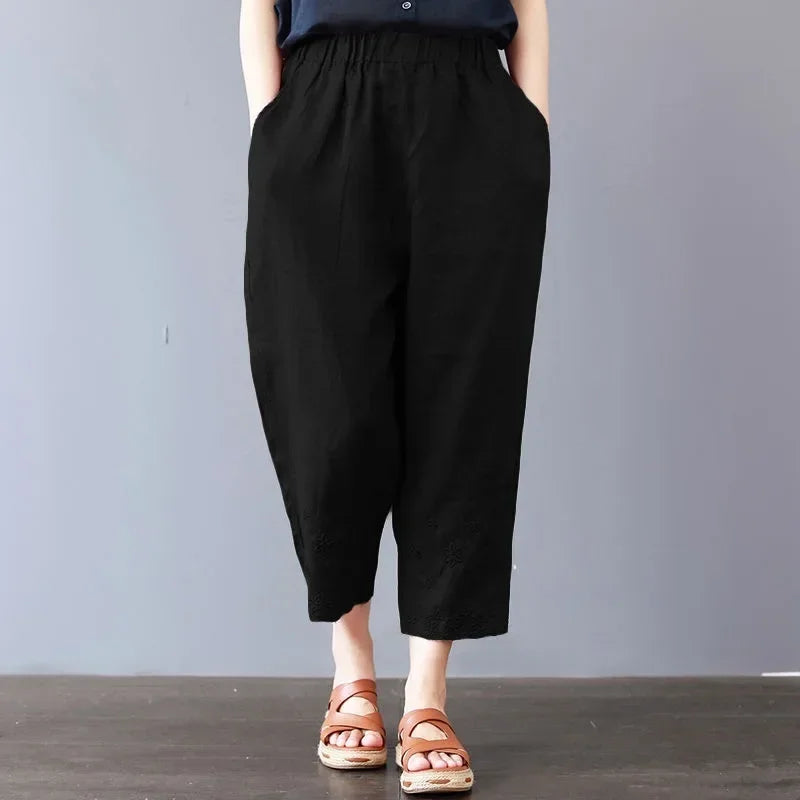 Casual Wide Leg Pants Women Summer Harem Pants for Women Retro Fashion Print Loose Cotton Linen Pants Printed Ankle-Length Pants