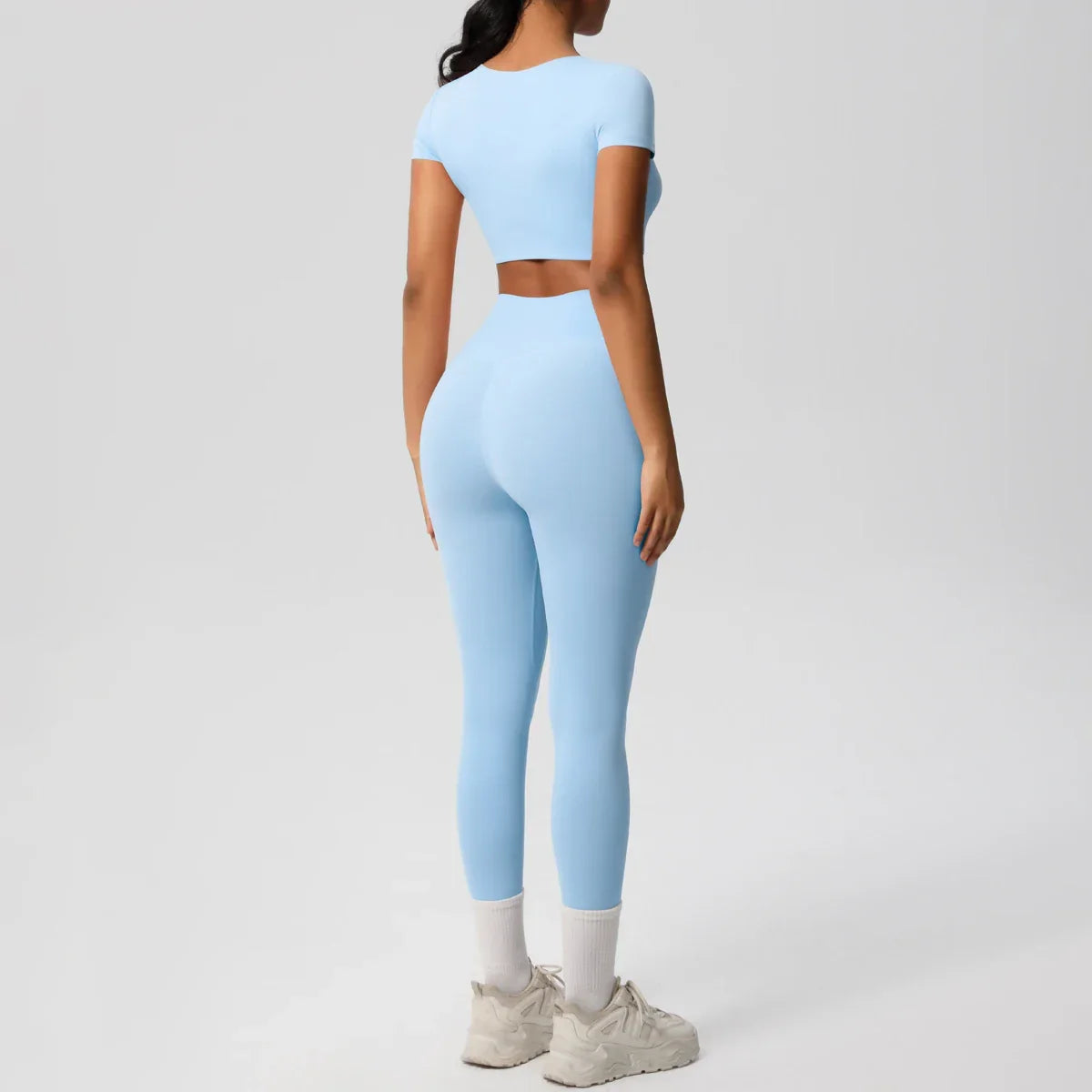 Yoga Set 2 Pieces Women Tracksuits Workout Sportswear Gym Clothing Fitness Short Sleeve With Padded High Waist Leggings Suits
