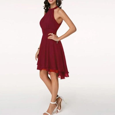 Women Elegant Dress Summer Solid High Waist Halter Sleeveless Midi Dresses Ladies Cropped Layered Chiffon Party Slim Dresses